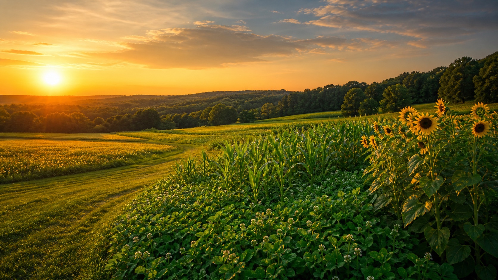 Golden-hour food plot with sunflowers, clover, young corn, mowed lanes, and timbered hills.