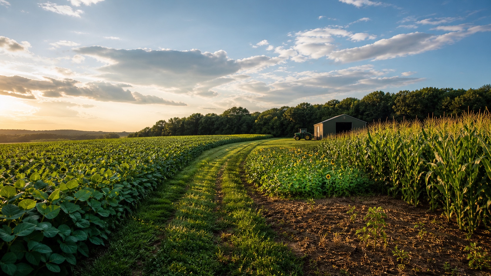 Soybean and corn rows beside a small food plot, field lane, equipment shed, and tree line.