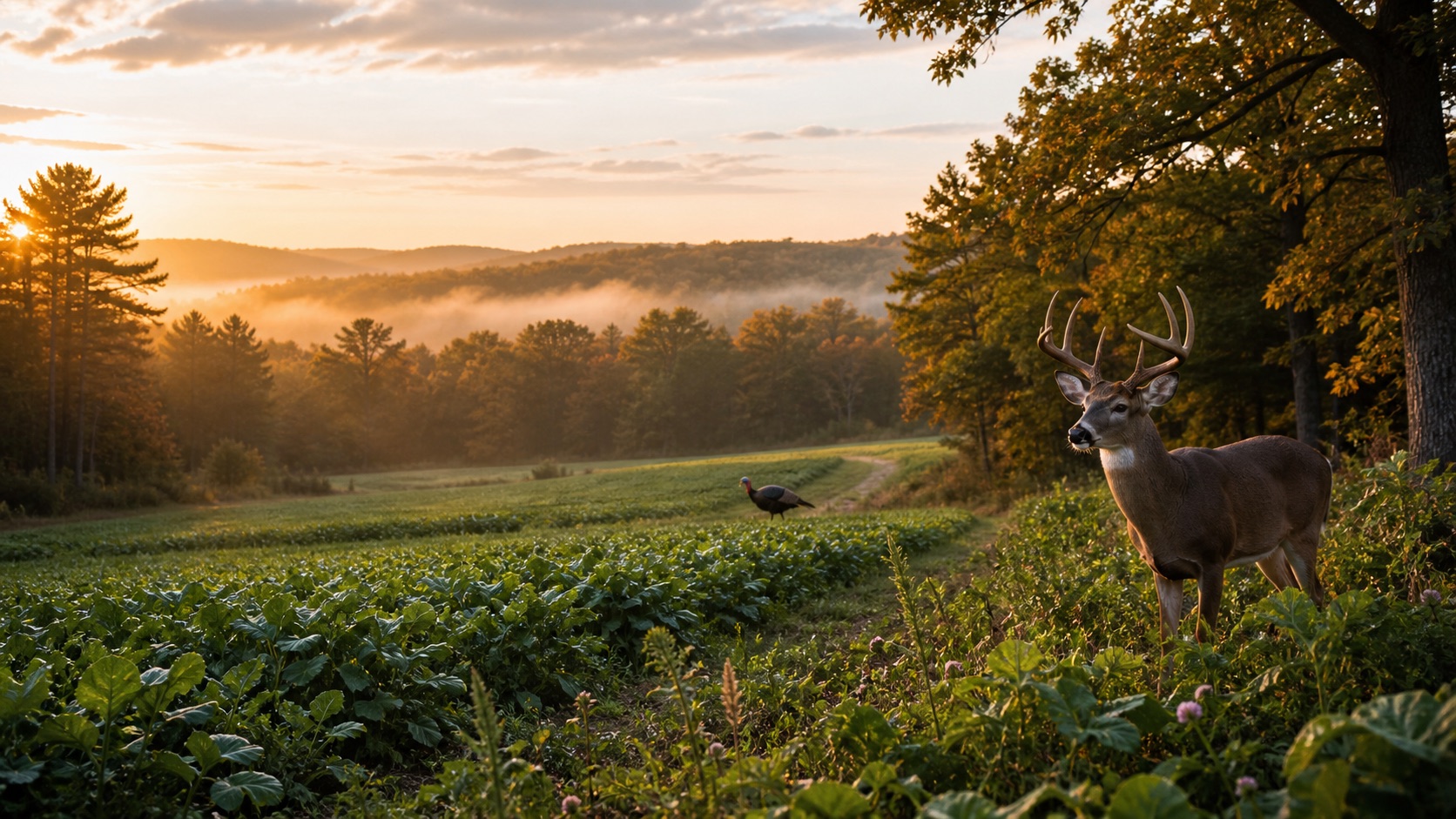 Whitetail buck and wild turkey at the edge of a managed food plot at dawn.