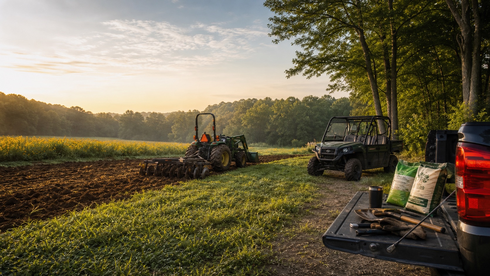 Compact tractor, UTV, tailgate tools, and supplies beside a worked food plot.