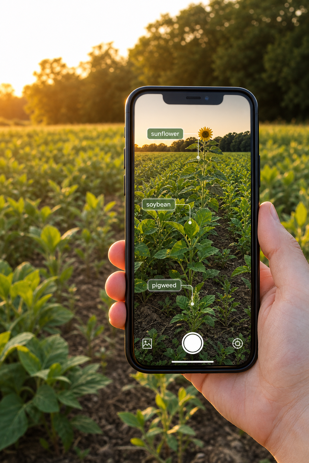 An iPhone scanning a food plot and identifying sunflower, soybean, and pigweed plants in the camera view.